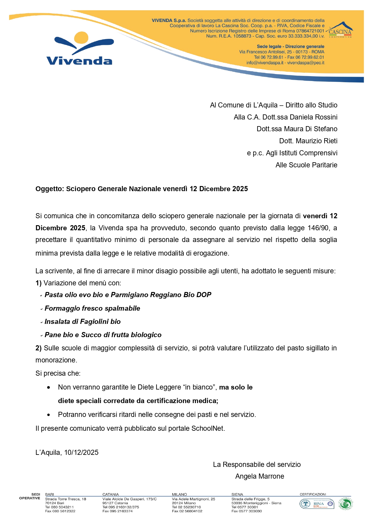 Mensa Scolastica- Sciopero Generale Nazionale venerdì 12 Dicembre 2025