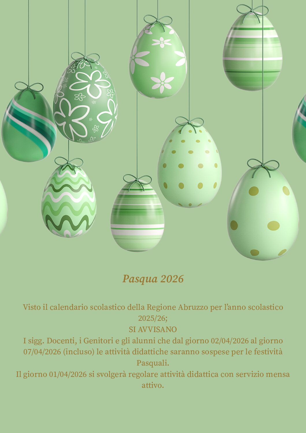 Sospensione didattica festività pasquali 2026